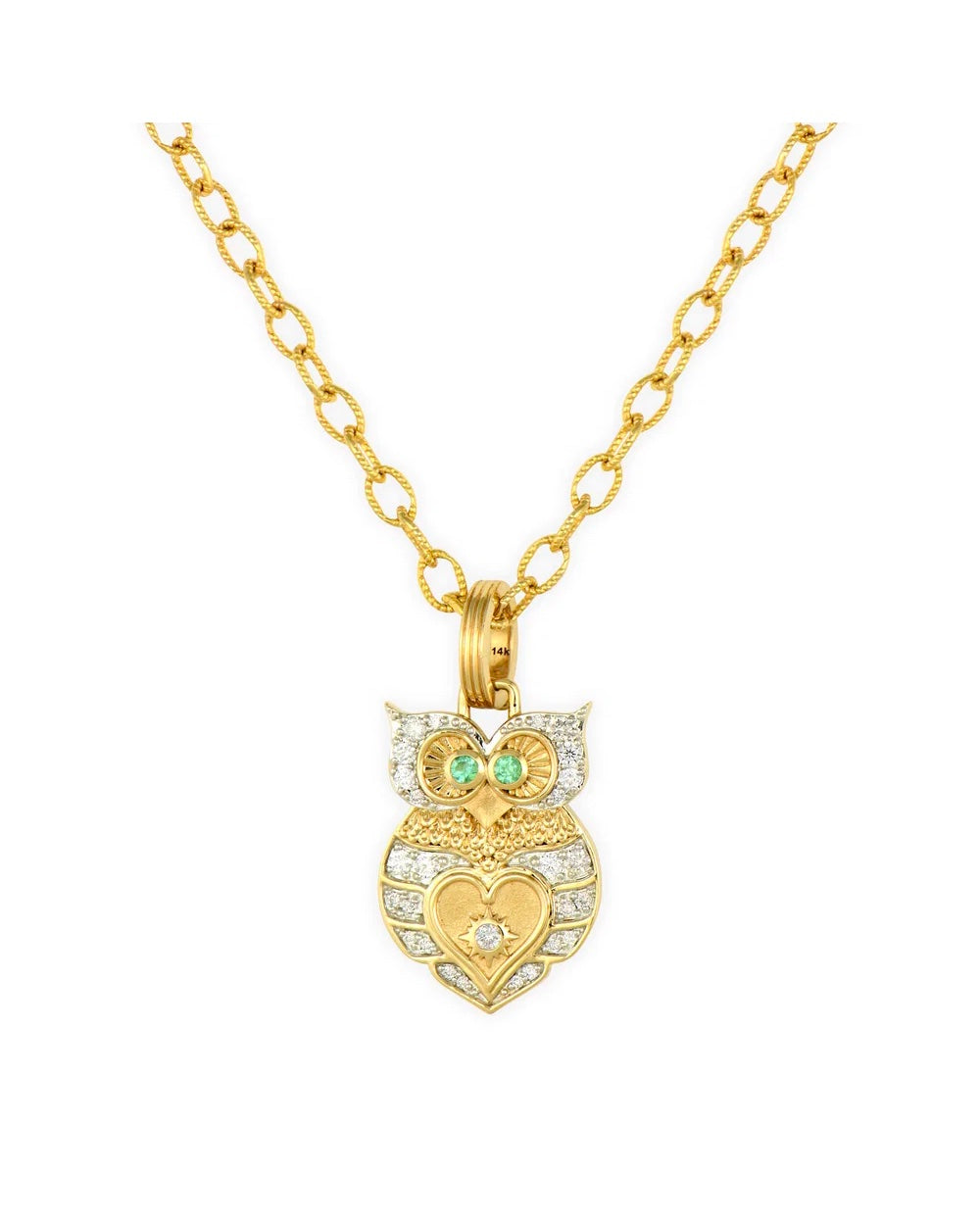 Diamond and emerald side of Three Stories Double Sided Love Owl Pendant, shown on a chain