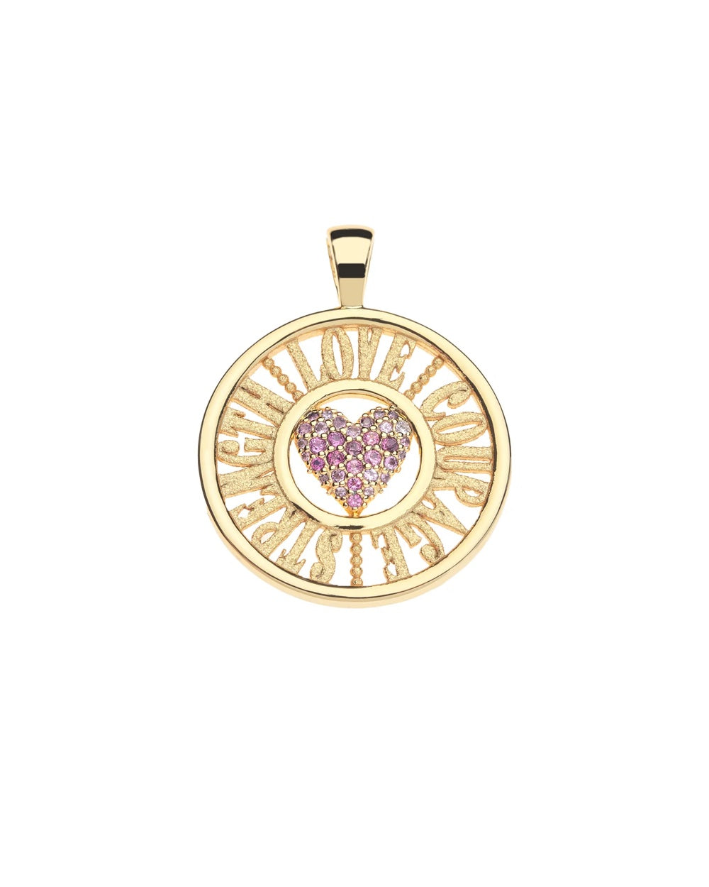 Pink tourmaline and openwork heart detail on Jane Win’s Love–Courage–Strength cutout coin pendant