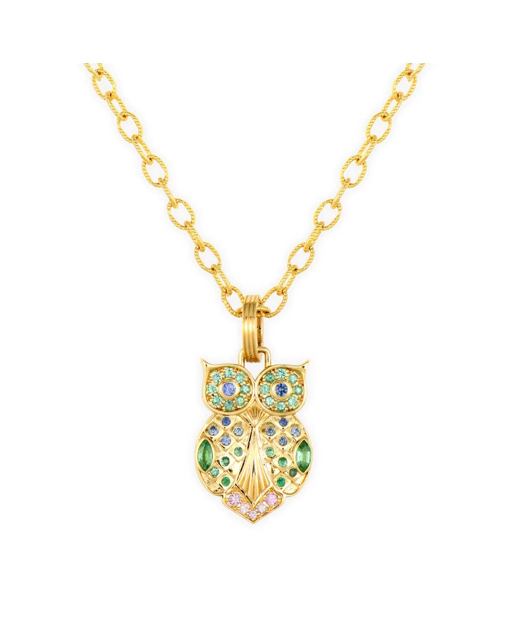 Emerald and sapphire reverse of Three Stories Double Sided Love Owl Pendant