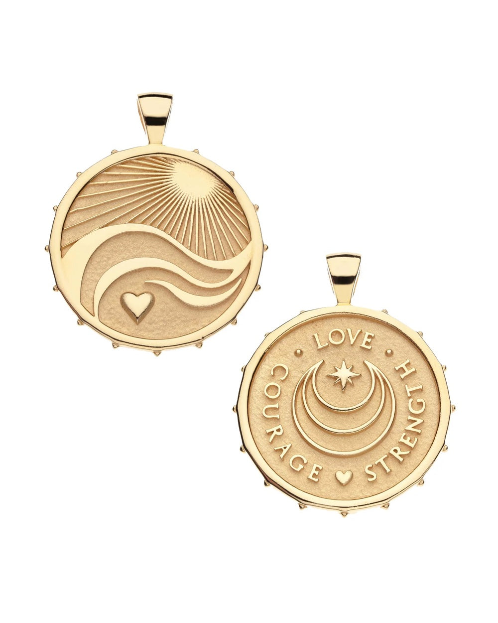 Front and reverse of Jane Win’s Love–Courage–Strength original coin pendant