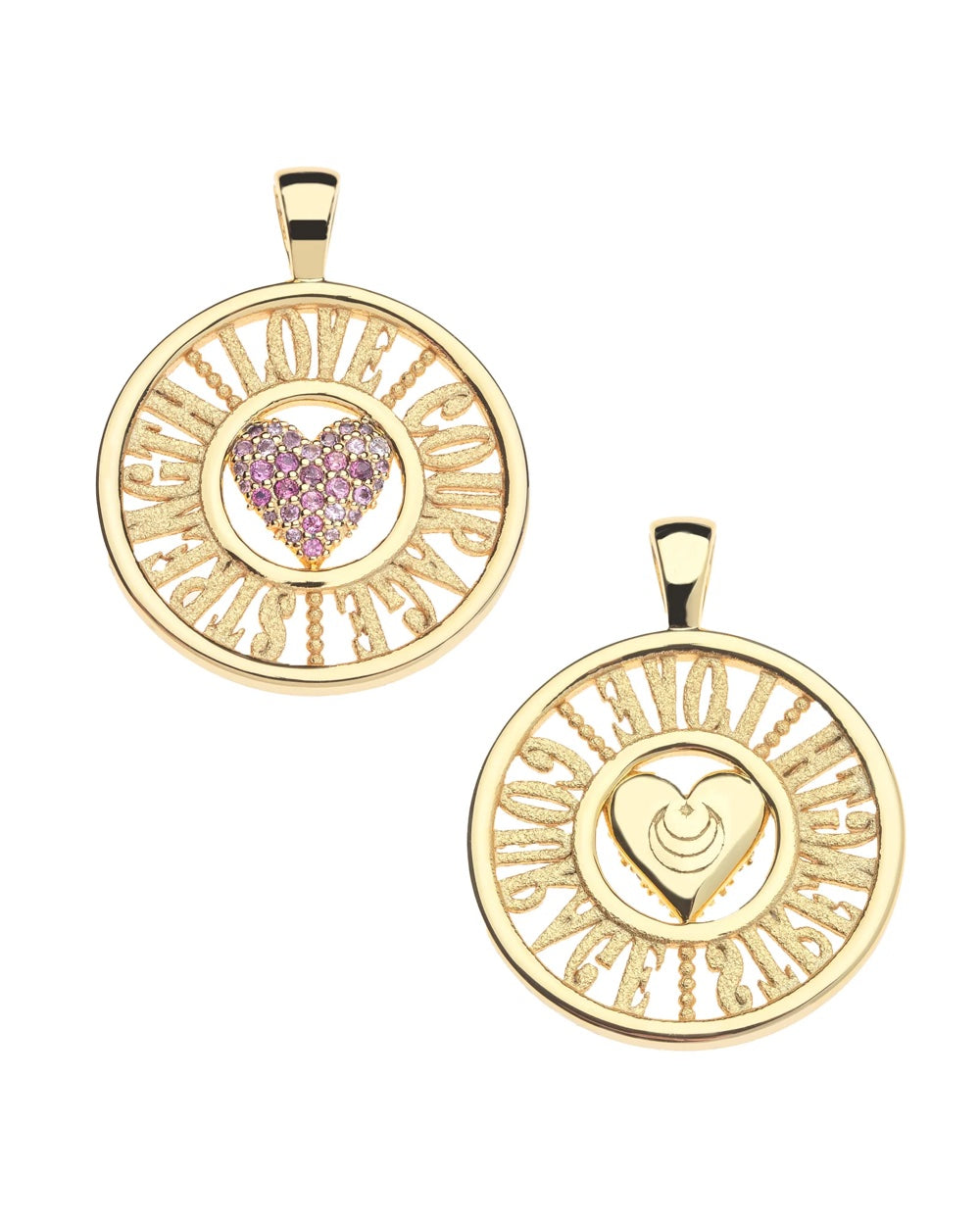 Front and reverse of Jane Win’s Love–Courage–Strength cutout coin pendant