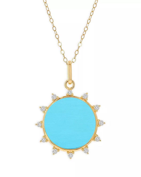 14K Yellow Gold Diamond Turquoise Sun Burst Pendant Necklace