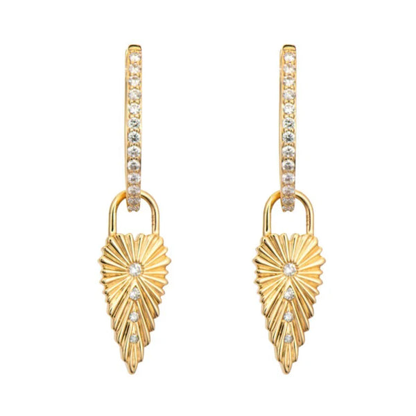 Yellow gold ruffled heart charm earrings by Three Stories Jewelry, featuring textured leaf-shaped drops with small diamonds. The top loop dazzles with a single diamond row for extra brilliance.