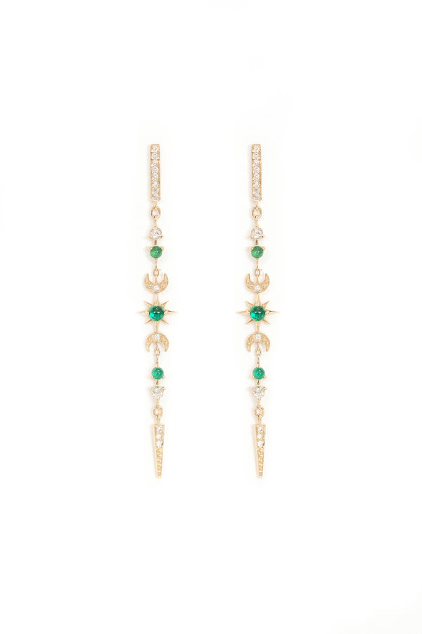 EMERALDS & ROSE CUT DIAMONDS LONG STELLAR EARRINGS