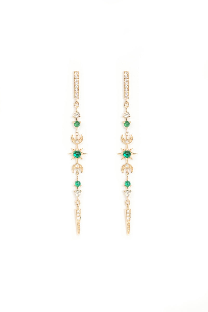 EMERALDS & ROSE CUT DIAMONDS LONG STELLAR EARRINGS