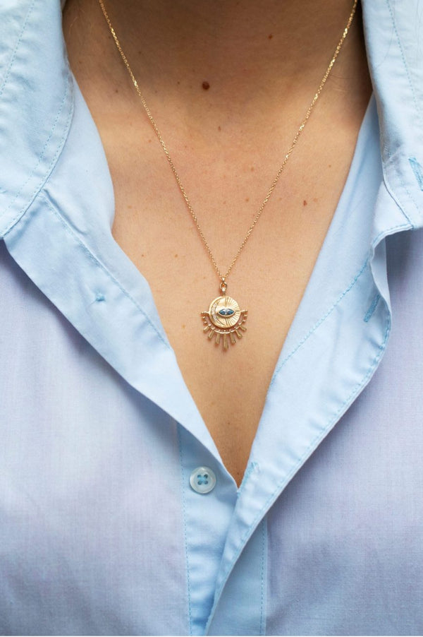 Aquamarine Marquise & Diamonds Sun beams Medal Necklace