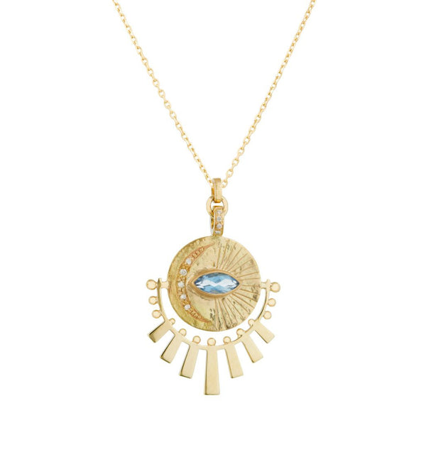 Aquamarine Marquise & Diamonds Sun beams Medal Necklace