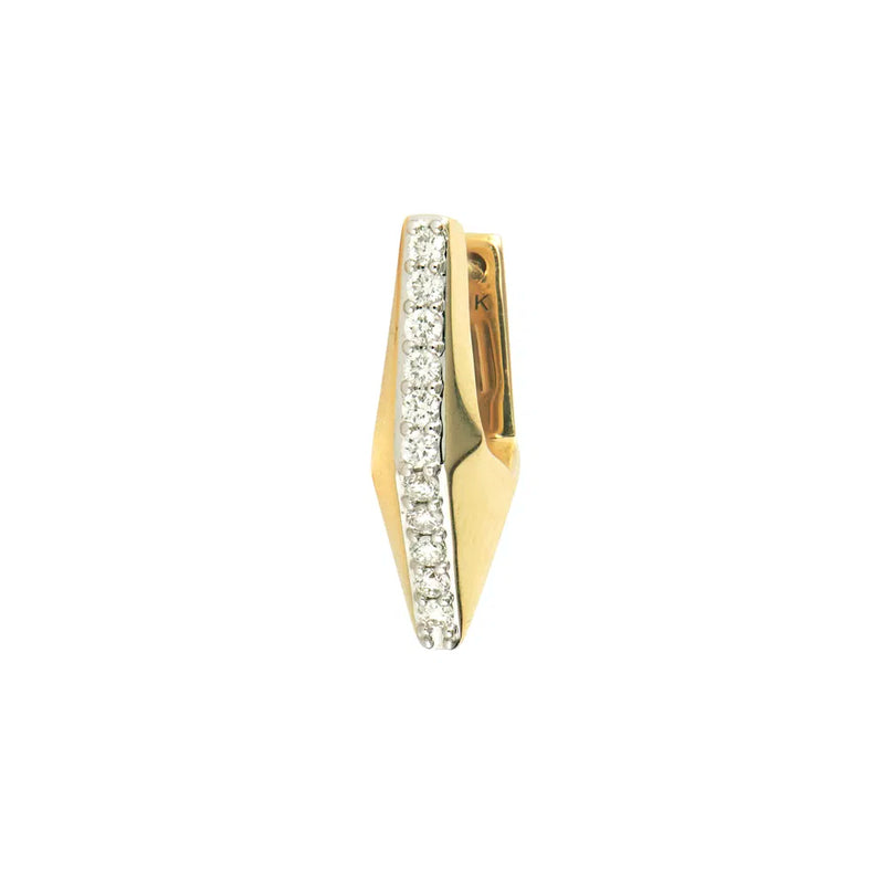 Echoing modern elegance, the Geometric Diamond V Hoop by Three Stories Jewelry features a gold geometric design with a diagonal row of sparkling diamonds, pairing beautifully with 14K gold huggies or geometric hoops.