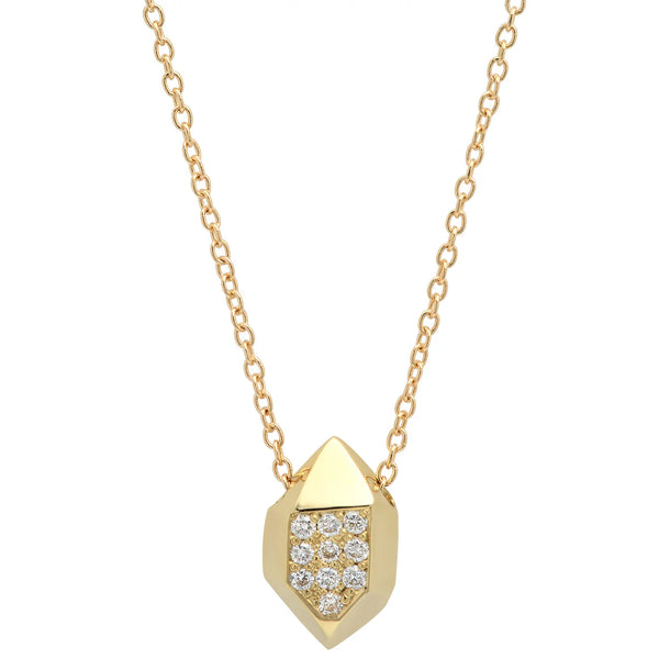 The Herkimer Necklace by Elisabeth Bell is a handmade gold chain with an angular pendant encrusted with Herkimer Diamonds, offering a modern, elegant touch.