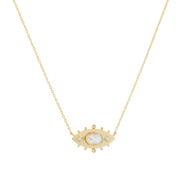 MOONSTONE MARQUISE EYE AND DIAMONDS GOLD PLATE CHAIN NECKLACE