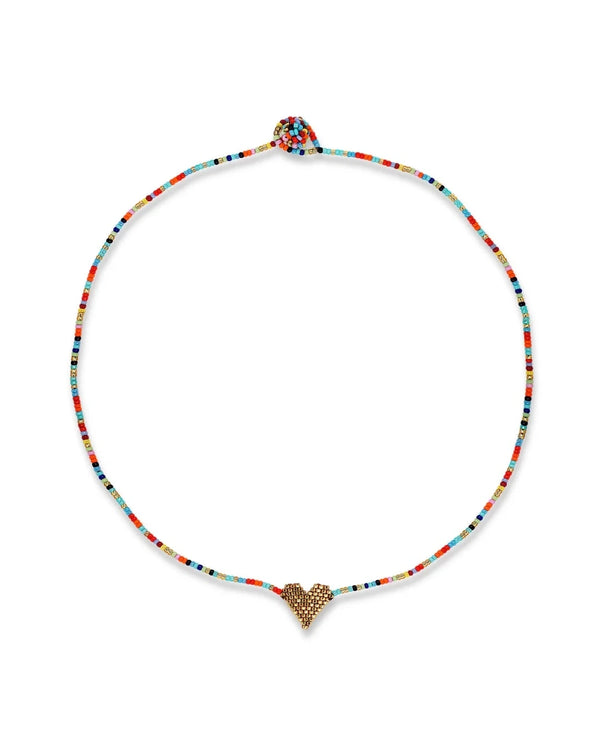 The Oiya Rainbow Miyuki Heart Necklace features vibrant small beads and a gold heart charm, showcased in a circle on a plain white background.