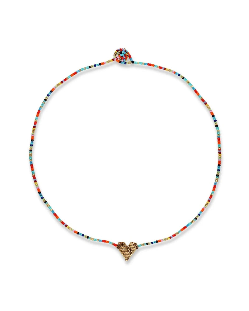 The Oiya Rainbow Miyuki Heart Necklace features vibrant small beads and a gold heart charm, showcased in a circle on a plain white background.