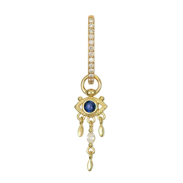 The Three Stories Jewelry Open Evil Eye Sapphire Charm earring features a 14K yellow gold diamond-encrusted hoop, a blue sapphire evil eye charm with three dangling gold and diamond accents.