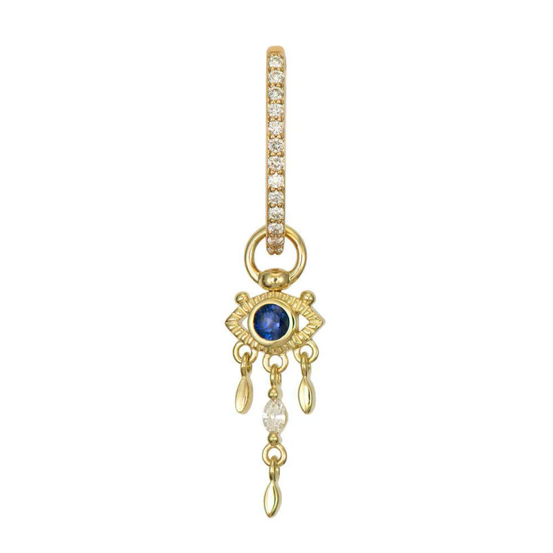 The Three Stories Jewelry Open Evil Eye Sapphire Charm earring features a 14K yellow gold diamond-encrusted hoop, a blue sapphire evil eye charm with three dangling gold and diamond accents.