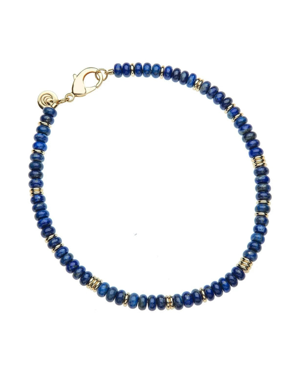 The Gumdrop Beaded Necklace in Lapis by Jane Win features small, round blue lapis beads with spaced gold rings and a secure gold clasp.