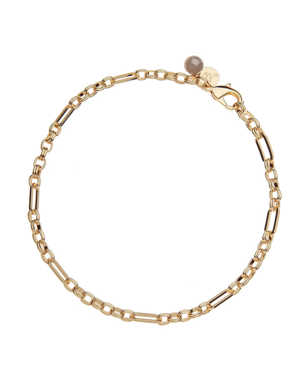 The Jane Win Across All Time Chain Necklace features alternating oval and cylindrical links, a round charm, and a labradorite bead near the clasp.
