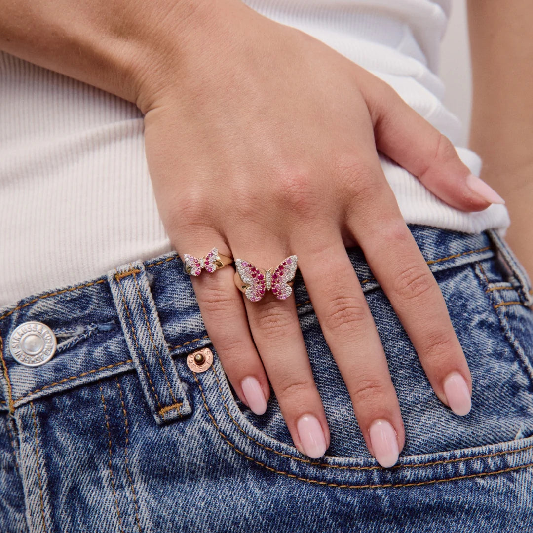 Mini Pink and Diamond Ombré Butterfly Pinky Ring