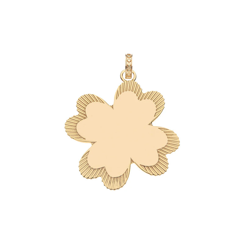 The Jane Win Lucky in Love Clover Pendant with Pink Shell is a gold-plated sterling silver clover-shaped pendant, showcasing a smooth finish and ridged edges, and features a small loop for chain attachment, embodying the charm of a love pendant.