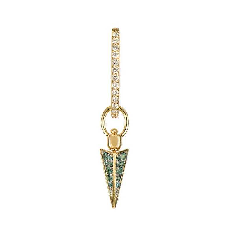 The Four Sided Pave Dagger Top Switch Charm by Three Stories Jewelry is a luxurious gold hoop earring made of 14K yellow gold, featuring white gemstones and a triangular pendant encrusted with teal sapphires.