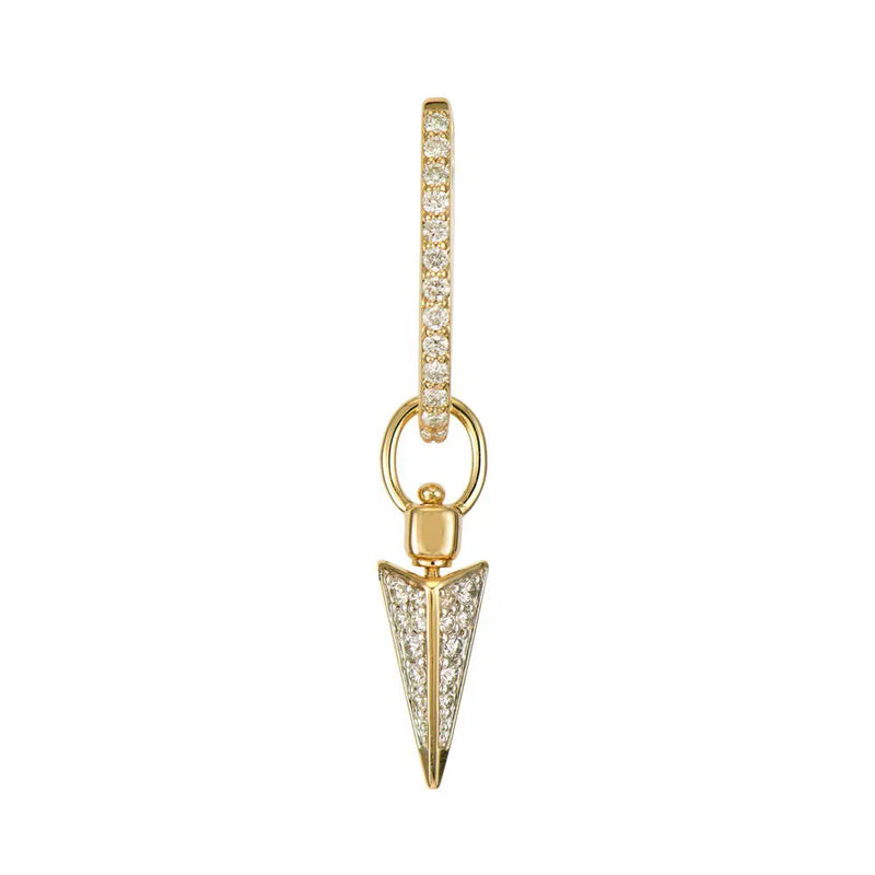 The Four Sided Pave Dagger Top Switch Charm by Three Stories Jewelry is a 14K yellow gold earring with a small diamond-encrusted hoop and a pendant featuring diamonds in a geometric design reminiscent of a four-sided pave dagger.