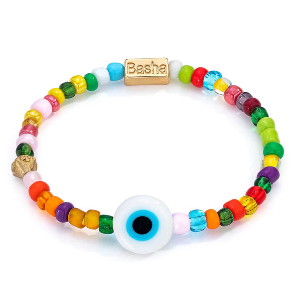 The Womens White Beaded Stretch Bracelet by Aaron Basha exhibits multicolor beads and a ceramic eye amulet on a white bead with a black-and-blue design, featuring a rectangular gold bead engraved with Basha, reminiscent of a multicolor beaded necklace.