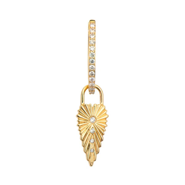 The Ruffled Heart Charm by Three Stories Jewelry is a stunning yellow gold hoop earring encrusted with small diamonds, featuring a fan-shaped pendant with textured design and a central diamond accent, perfect for adding elegance to any ensemble.