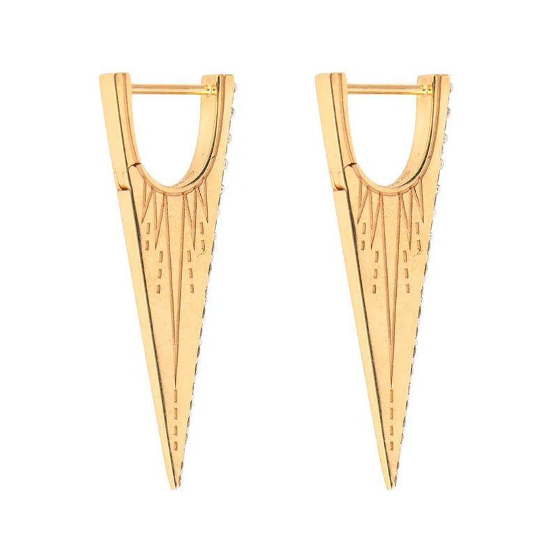 The Elongated Diamond "V" Hoop Earrings by Three Stories Jewelry feature 14K yellow gold in a modern, geometric triangular design engraved with radiating lines from top to tip.