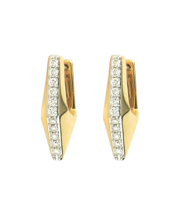 The Geometric Diamond V Hoop by Three Stories Jewelry features a sleek 14K gold design with a central row of small round diamonds for contemporary elegance.
