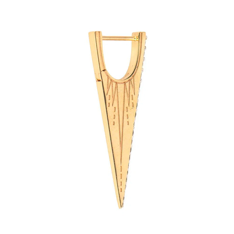 The Elongated Diamond "V" Hoop Earring by Three Stories Jewelry is a single 14K yellow gold earring with engraved, radiating lines and a hinged clasp at the top.