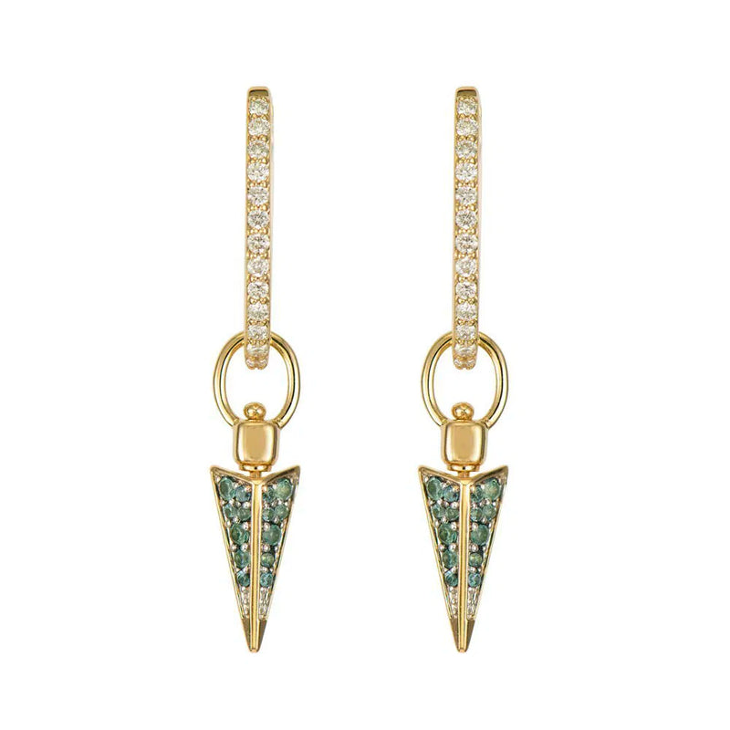 Three Stories Jewelrys Four Sided Pave Dagger Top Switch Charm features gold drop earrings with triangular pendants adorned with small teal sapphires, complemented by clear stone hoops, all elegantly crafted in 14K yellow gold.