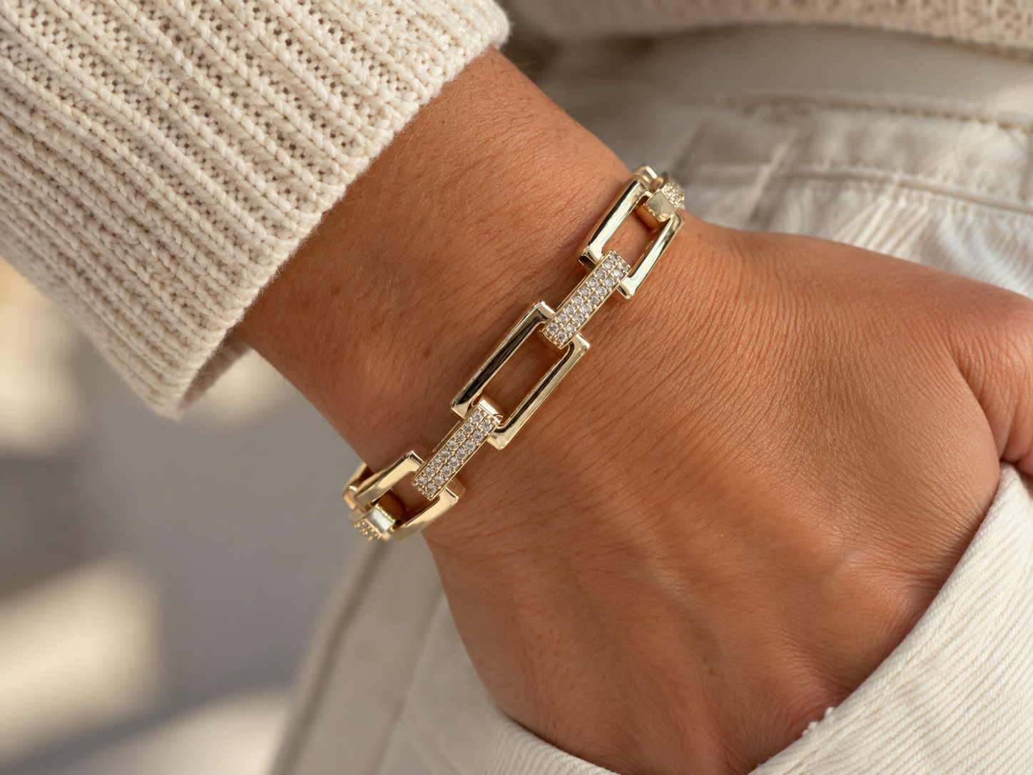 Gold & CZ Rectangle Chain Bracelet