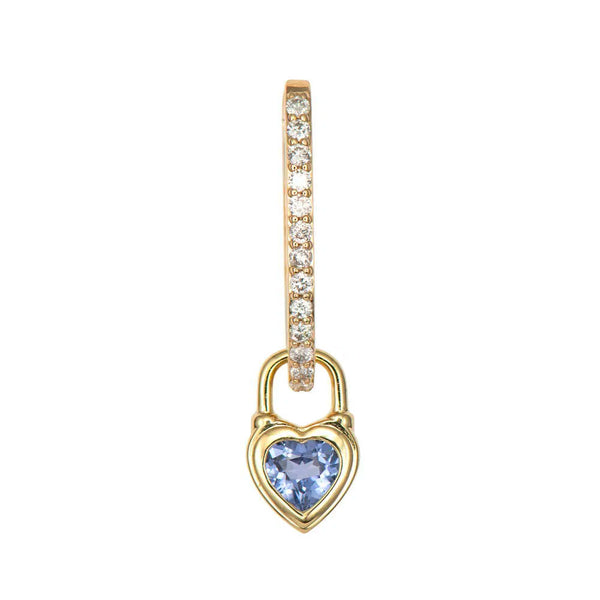 A 14K yellow gold hoop earring from Three Stories Jewelry, set with clear stones and a dangling blue sapphire heart charm in a padlock design, part of the Beating Heart Medium Blue Sapphire Charms collection.