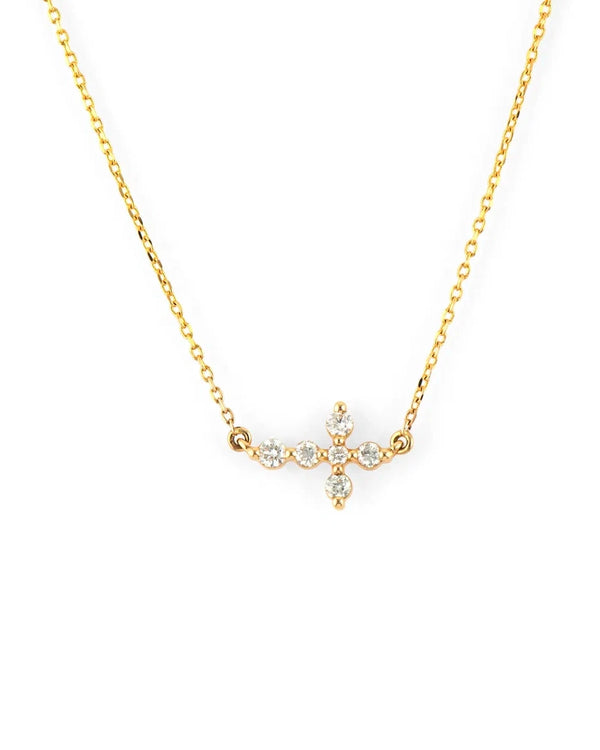 Tiny Prong Set Sideways Diamond Cross Necklace