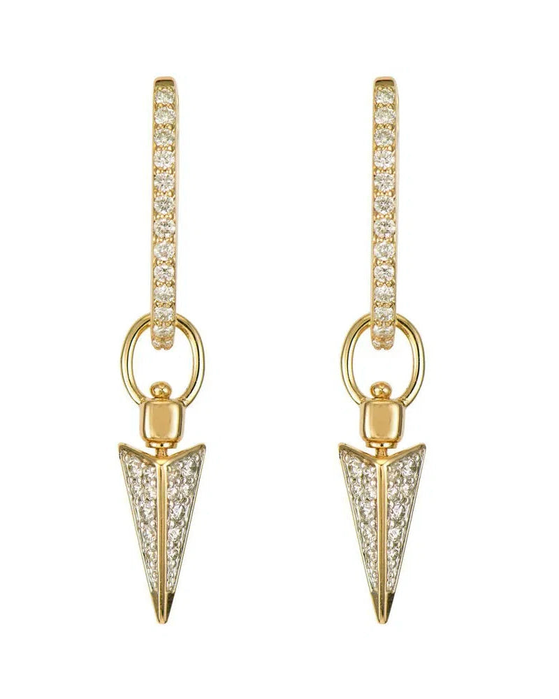 Crafted in 14K Yellow Gold, the Four Sided Pave Dagger Top Switch Charm by Three Stories Jewelry features hoop earrings adorned with teal sapphires and sparkling stones, plus a ring and arrowhead-shaped pendant.