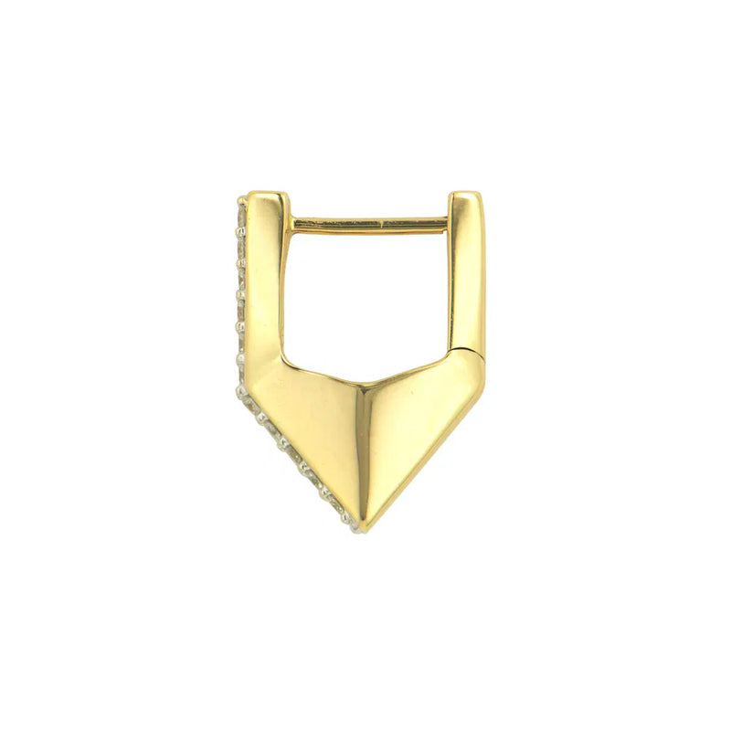 The Geometric Diamond V Hoop by Three Stories Jewelry is a 14K gold huggie earring with a pointed, downward V-shape and a row of small white diamonds—ideal for fans of modern geometric styles.