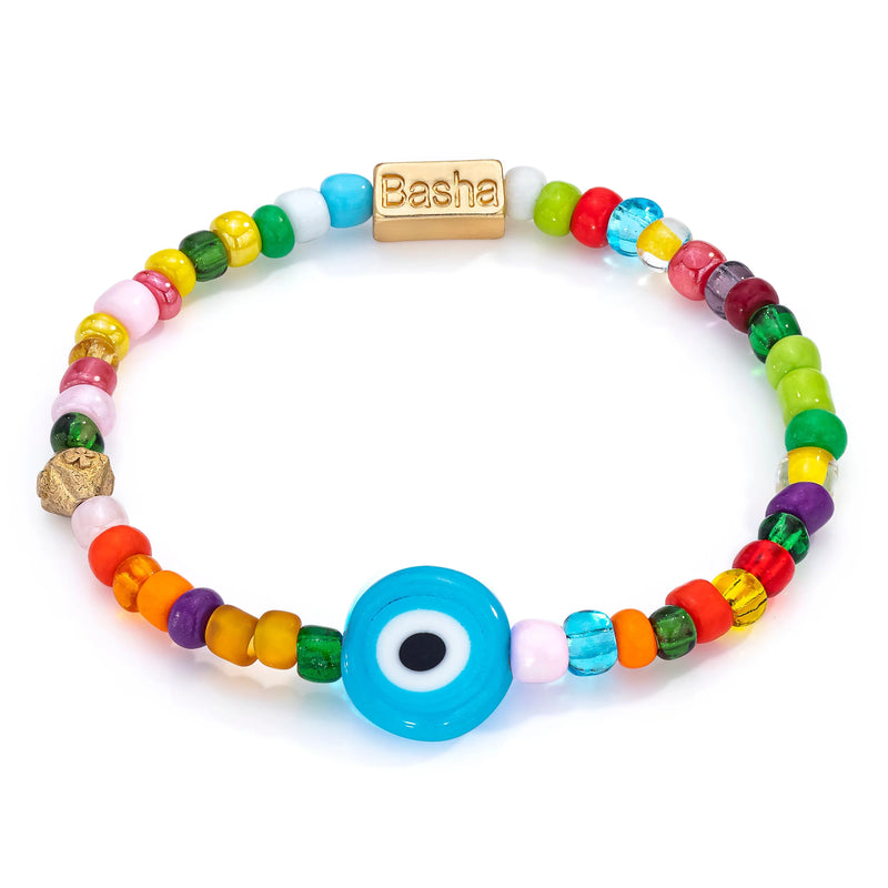 This handcrafted Womens Blue Beaded Stretch Bracelet from Aaron Basha features vibrant small beads in red, green, yellow, pink, and blue. It includes a large eye-like blue bead and a gold rectangle engraved with Basha, perfect for those who cherish meaningful friendship bracelets.