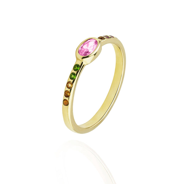 Moosh ring pink Sapphire and rainbow precious stones