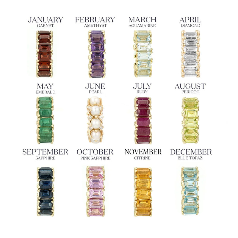 A chart showcasing Baguette Big Bead birthstones from Adina Reyter, set in 14k gold: January Garnet, February Amethyst, March Aquamarine, April Diamond, May Emerald, June Pearl, July Ruby, August Peridot, September Sapphire, October Pink Sapphire, November Citrine, December Blue Topaz.