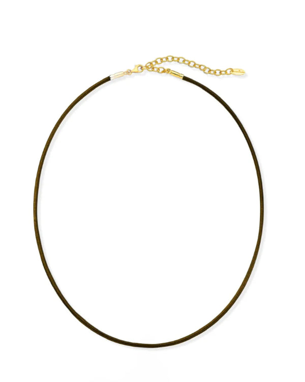 The Aaron Basha Brown Leather Necklace features gold-colored metal clasps and an adjustable chain, shown on a white background.