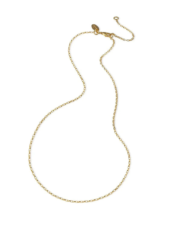 The Oiya Vermeil Link Chain is a delicate gold necklace with small, evenly spaced links and tiny multicolored beads, featuring an adjustable clasp and a small oval tag near the closure, shown on a white background.
