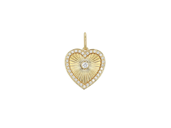 The Rachel Reid Diamond Fluted Heart Charm in 14k yellow gold features a stunning sunburst design, highlighting a central diamond encircled by smaller diamonds with a total weight of 0.20 CT. This exquisite piece is finished with an attached gold loop.