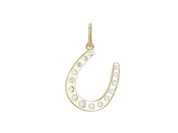 The Rachel Reid Diamond Horseshoe Charm is a 14k yellow gold pendant with diamonds totaling 0.20 CT, evenly spaced along its curve, and includes a top loop for hanging.