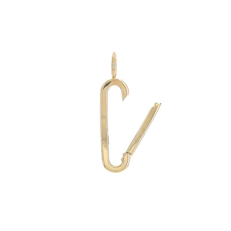 The 14K Gold Charm Extender by Kate Collins Jewelry shines in its open position against a simple white background, enhancing any ensemble with elegance.