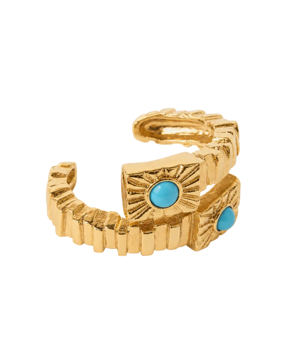 A gold-toned textured ring with two oval turquoise blue stone accents, photographed on a clean off-white background.
