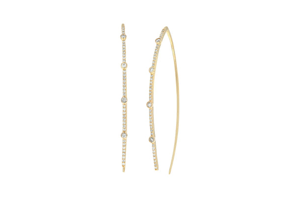 Rachel Reids Mixed Diamond Wire Earrings feature a sleek, elongated design in 14k gold, adorned with small round diamonds. The carat weight is evenly distributed along the elegant wire for a sophisticated and minimalist look.