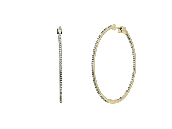 Rachel Reids Diamond Inside/Outside Hoops with Black Rhodium, crafted from 14k gold and encrusted with small diamonds, are elegantly showcased from side and front angles against a plain white background.