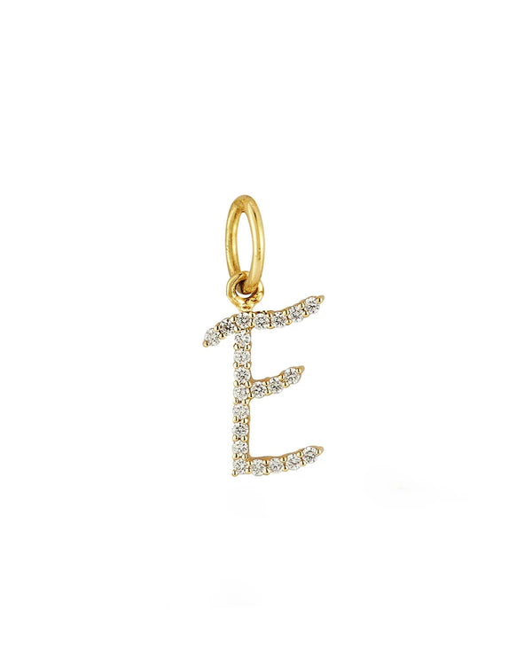 The ef collection Diamond Script Initial Charm features a gold letter pendant adorned with sparkling stones, expertly crafted in 14k yellow gold for a touch of elegance.