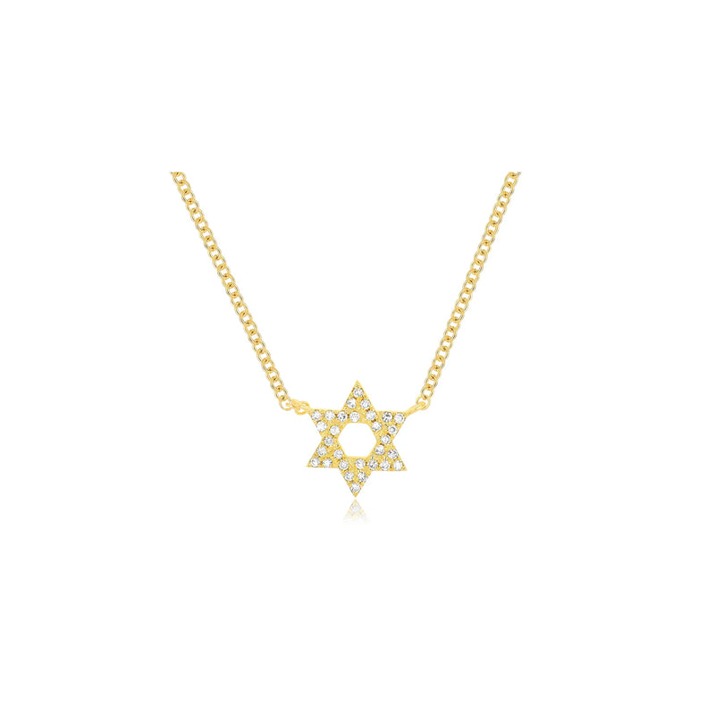 The Diamond Star Of David Necklace by EF Collection features a gold pendant embellished with pavé diamonds on a delicate chain. The ethically sourced diamonds create a soft sparkle against a pristine white background in the centerpiece pendant.