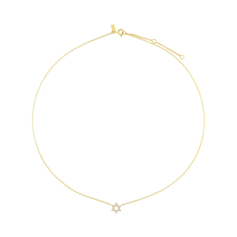 The Diamond Star Of David Necklace by ef collection is a refined gold necklace featuring a small Star of David pendant adorned with pavé diamonds at its center. It includes an adjustable chain with a clasp closure and is crafted from ethically sourced diamonds, maintaining a minimalistic and elegant design.