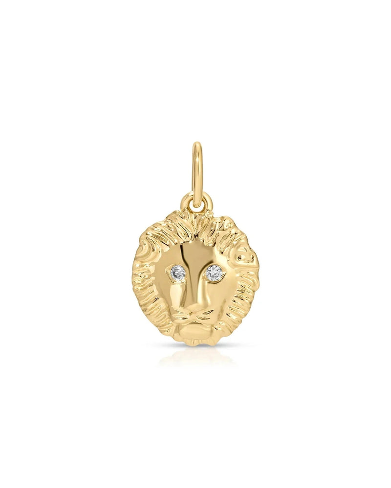 The ef collection Gold and Diamond Lion Charm features a textured lion head with diamond eyes and a top loop for easy attachment to your favorite chain, shown against a plain white background.